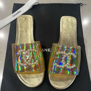 Chanel Gold & Pearl Slides / Mules